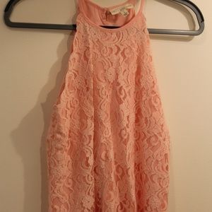 High Neck Pink Lace Button Top